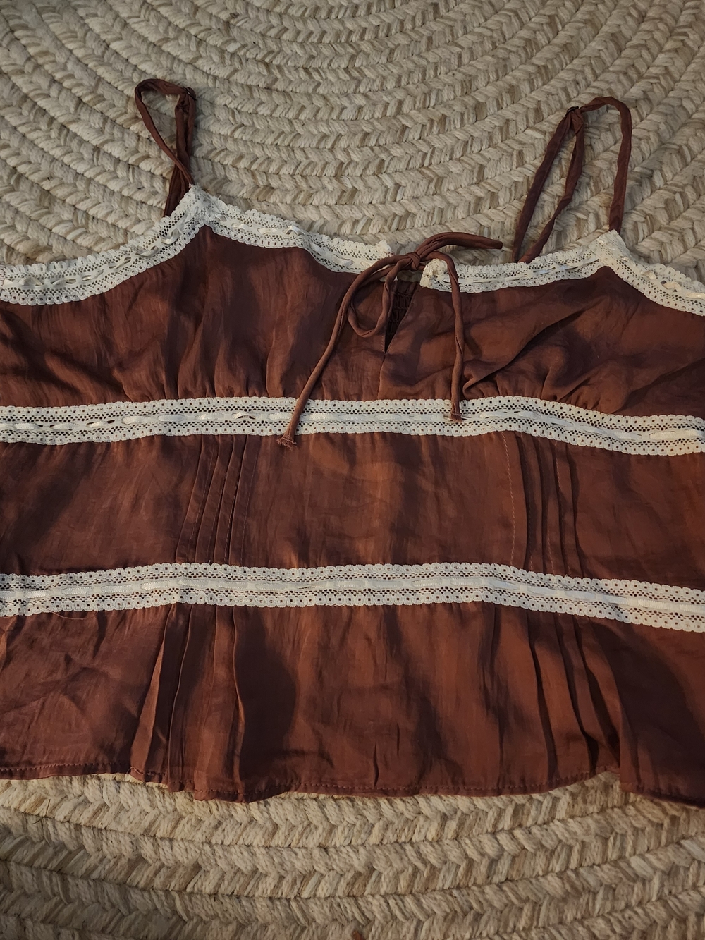 Aeropostale Brown Satin Cami with‎ Cream Lace Trim Cottagecore Y2k